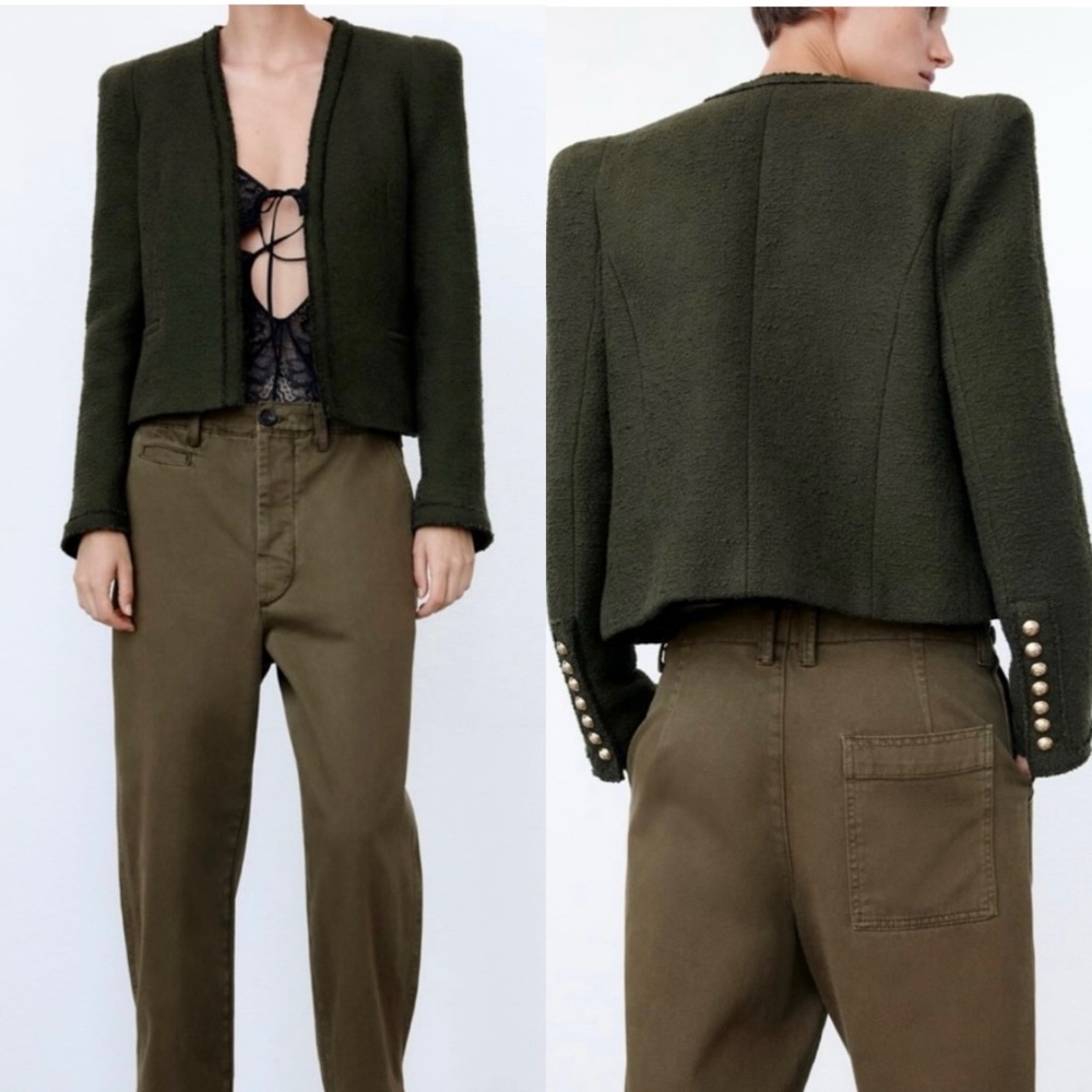Zara Olive Green Textured Shoulder Pad Blazer NWT Size S | Blogger Favorite
